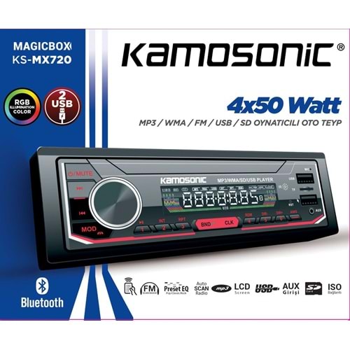 TR//KAMOSONİC KSMX720 MP3 WMA FM USB SD OYNATICILI RGB BLUETOOTH 4X50 OTO TEYP