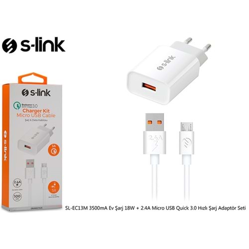 TR//S-link SLEC13M 3500mA Ev Şarj 18W + 2.4A Micro USB Quick 3.0 Hızlı Şarj Adaptör Seti